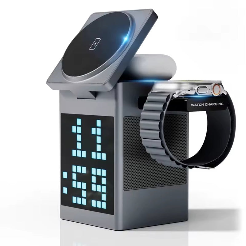 6-in-1 Wireless Charger Station with Bluetooth Speaker-Pixel Animation Display & Digital Clock