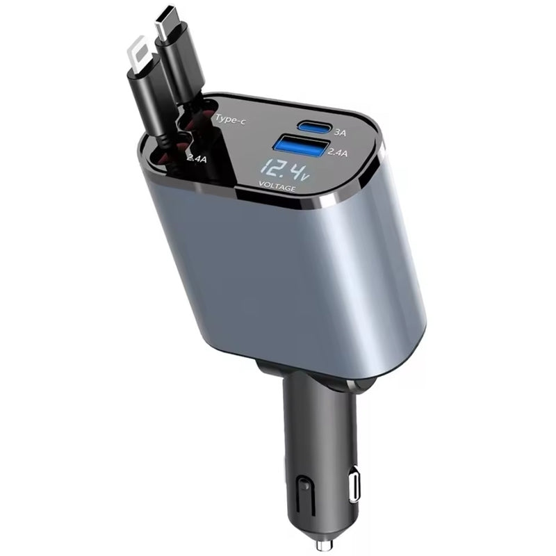 4-in-1 Retractable Car Charger – 60W Fast Charging, USB Type-C, Lightning, Multi-Device, Fireproof ABS
