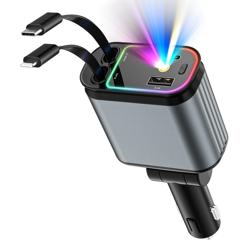 4-in-1 Starry Sky Retractable Car Charger, with Star Projector & LED, Fast Car Charging, Retractable Cables for Phone