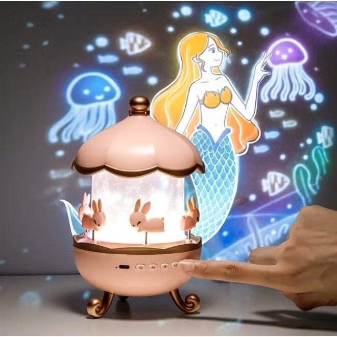 Bunny's Carousel Night Light Projector – 360° Rotating Starry Sky & Ocean Projection Lamp for Kids, Rechargeable Bedside Lamp with Remote Control