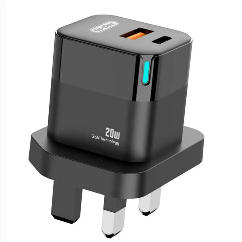 Go-Des 20W 3 Pin Dual Port PD QC Fast Charger LED Display Compact USB A and Type C Adapter, GaN Adapter (GD-CES6001)