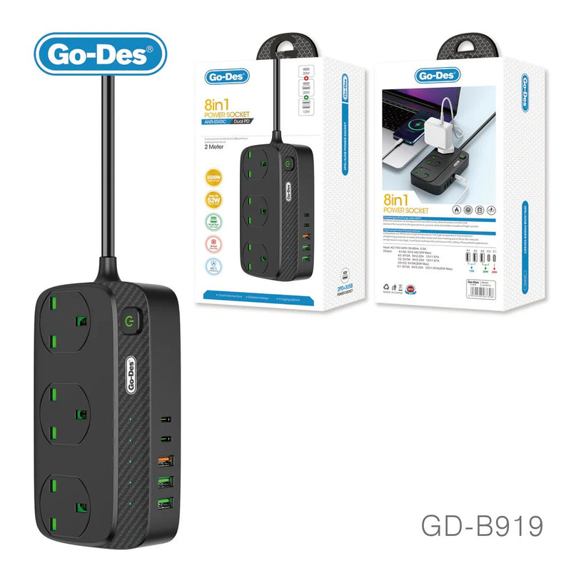 Go-Des 8-in-1 2PD+3USB 3M Power Socket with 3M Bold Extension Cord Protector Plug