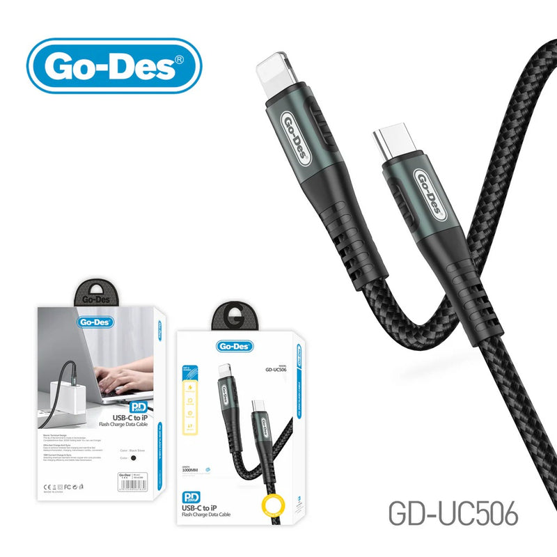Go-Des 1M Type-C to iPhone PD 20W Fast Charging Cable with Bionic Tip and Nylon Braided Design