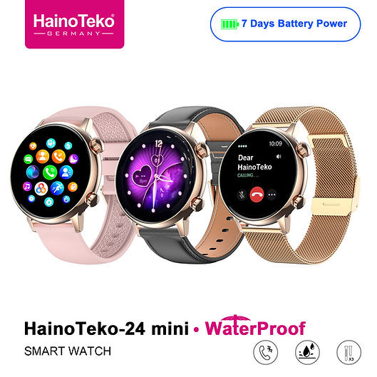 HainoTeko-24 Mini Waterproof Smart Watch With AMOLED Display 7-Day Battery Life and 3 Pair Straps Designed for Women Gold