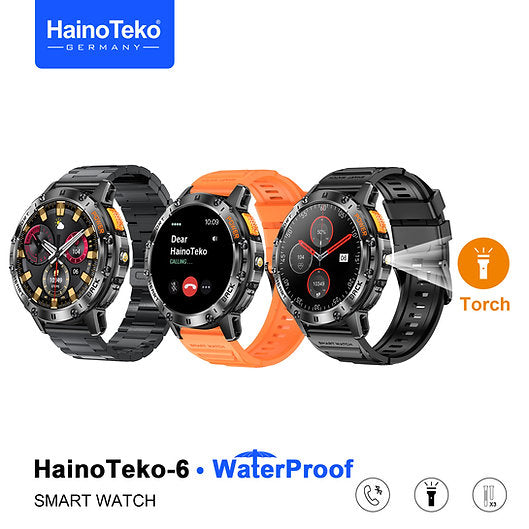 HainoTeko-6 Waterproof Smart Watch with AMOLED Display 3 Pair Strap and In-Built Torch Designed For Men