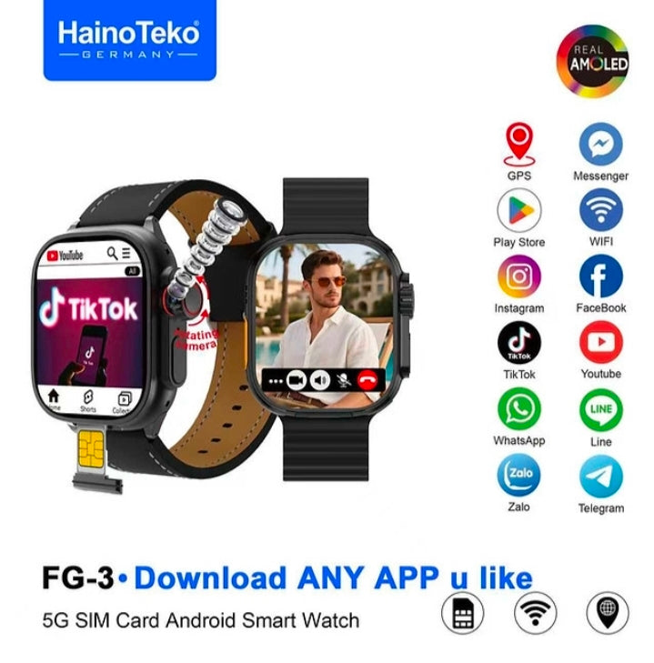 HainoTeko FG-3 5G Android Smart Watch with Real AMOLED Display SIM Card Support and Social Media Integration Designed for Gents