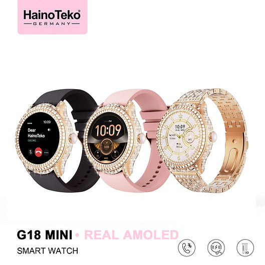 HainoTeko G18 Mini Real AMOLED Stylish Design Smartwatch With Premium Look 3 Pair Straps and Charging Cable Designed for Women