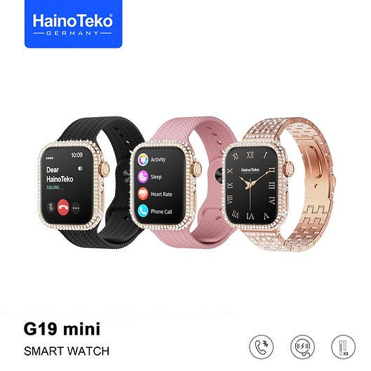 HainoTeko G19 Mini Smart Watch with AMOLED Display, 3 Interchangeable Straps, Health Tracking Features, Notifications, Fitness Modes and Charging Cable – Compact Elegant Design for Ladies