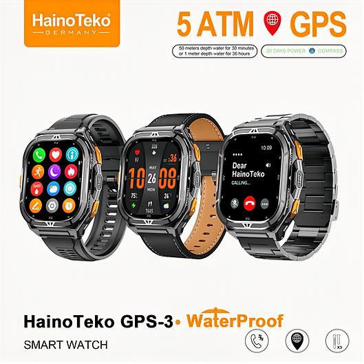 HainoTeko GPS-3 Waterproof Smart Watch with Built-in GPS, Bluetooth Calling, 20-Day Battery Life, 3 Interchangeable Straps, Heart Rate Monitor, Multi-Sport Modes, Fitness Tracker for Men