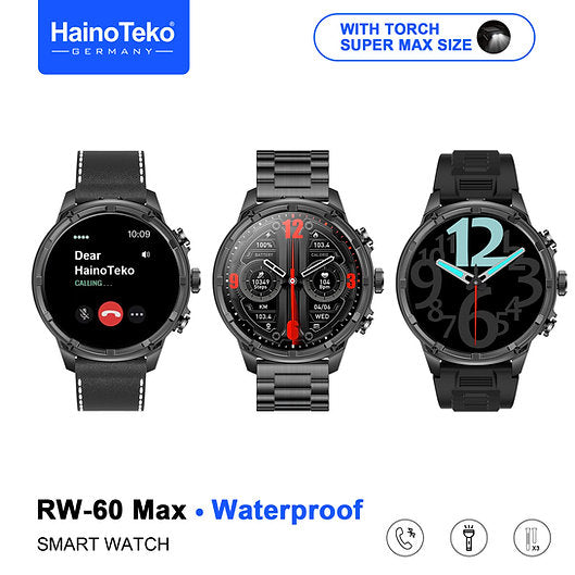 HainoTeko RW-60 Max Waterproof Smartwatch With AMOLED Display LED Torch Light and 3 Pair Straps Designed for Men