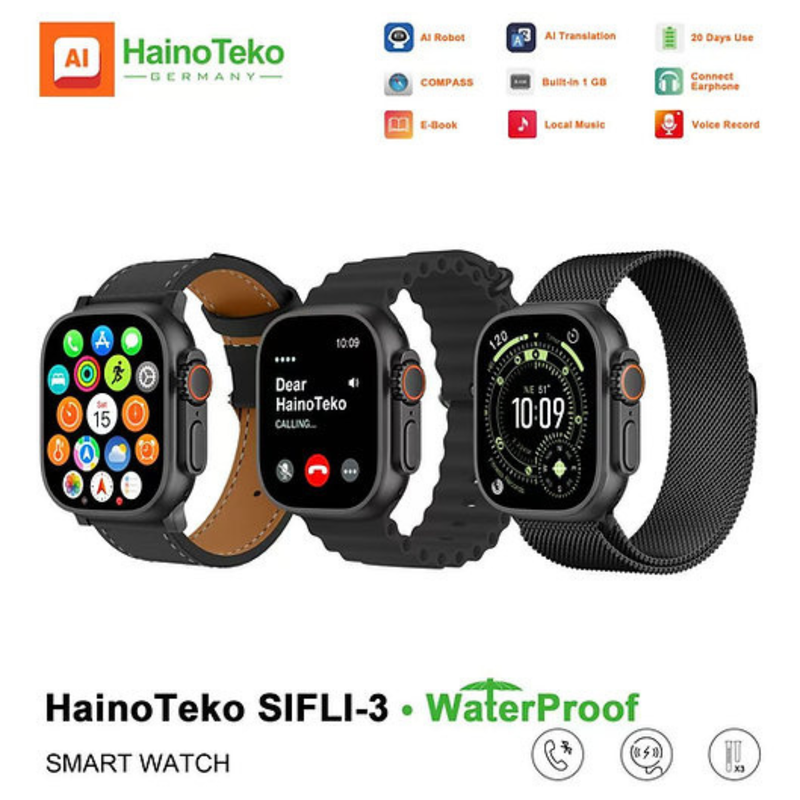 HainoTeko SIFLI-3 AMOLED Smart Watch – Bluetooth Calling, AI Translation, 20-Day Battery, Waterproof, 3 Straps