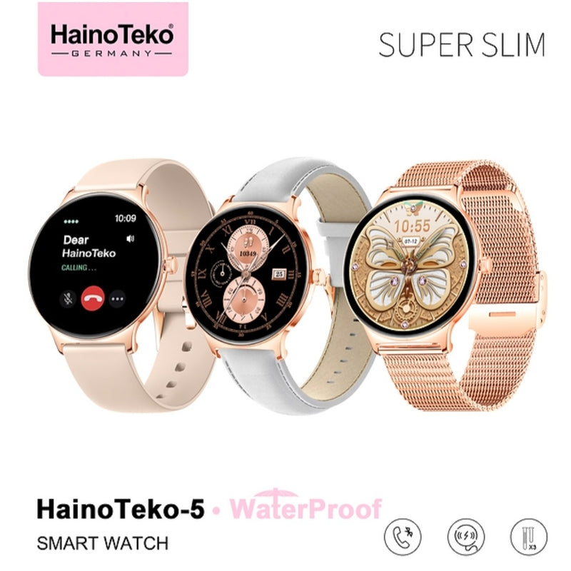 HainoTeko-5 Super Slim Smart Watch Round Shape AMOLED Display With Waterproof AI Voice Assistance and 3 Pair Straps For Ladies