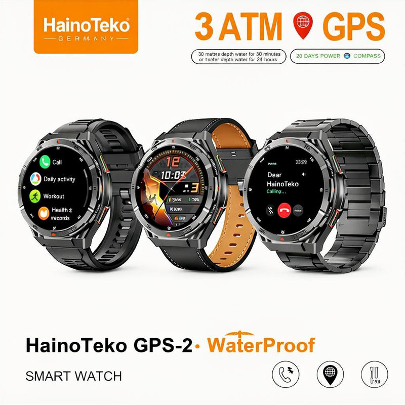 HainoTeko GPS-2 Smart Watch with 3ATM Waterproof AMOLED Display, Built-in GPS, Heart Rate & Sleep Monitor, Multi-Sport Modes, 3 Interchangeable Straps & Charging Cable, Designed for Men