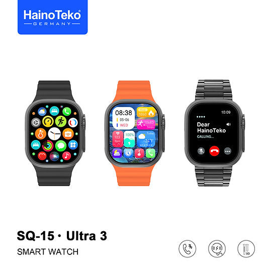 Haino Teko SQ-15 Ultra 3 Smart Watch with AMOLED Display Bluetooth Calling 3 Pair Straps and Charging Cable Designed for Ladies and Gents