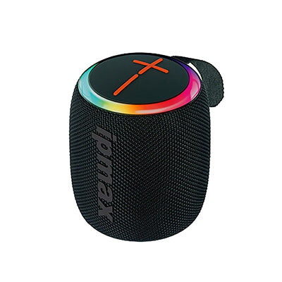 Black portable speaker with colorful LED lighting on a white background